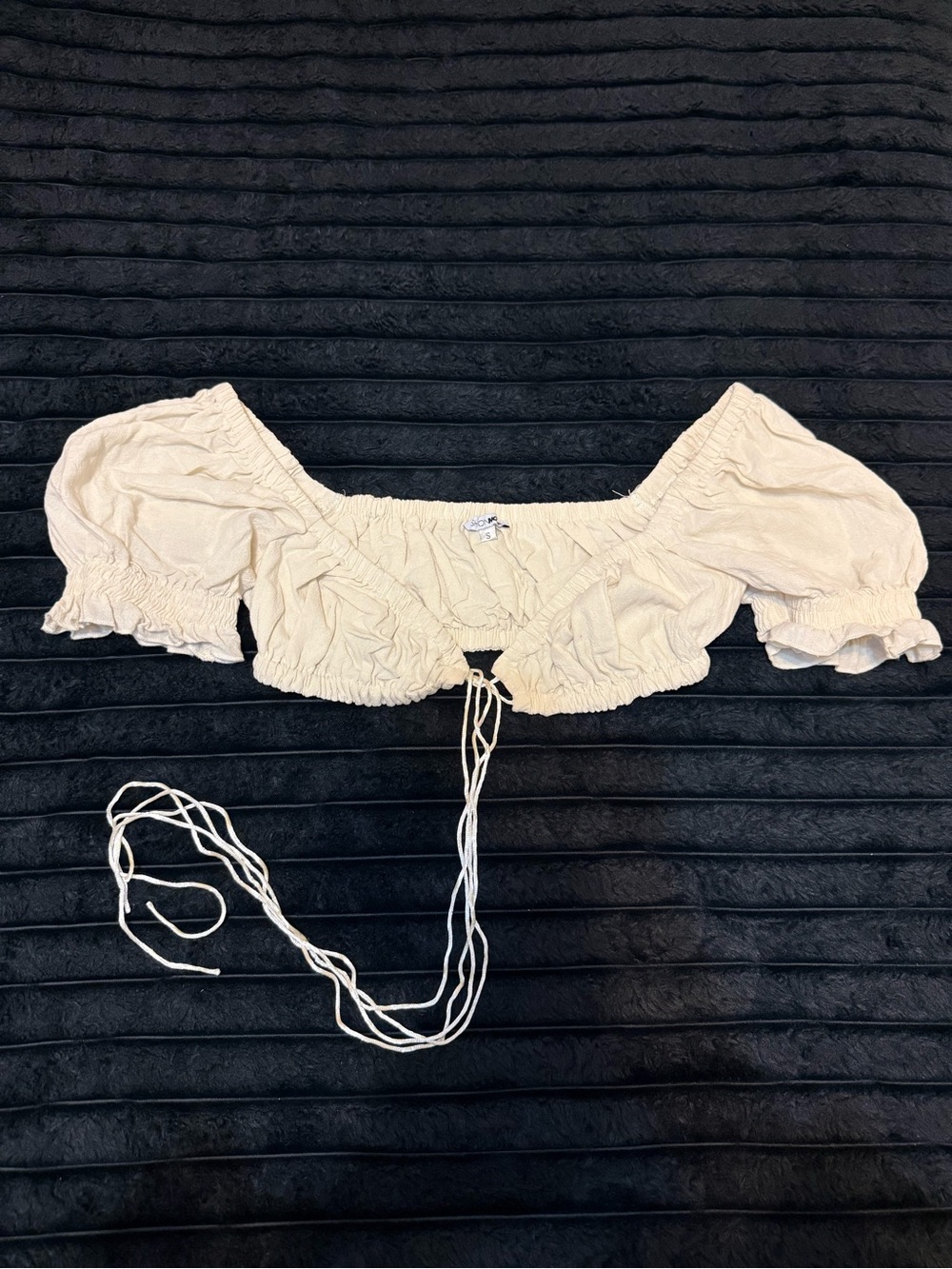 Fashion Nova Ivory Puff-Sleeve Ruched Tie-Front Crop Top